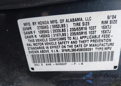 2005 Honda Odyssey Ex-L from USA, damaged, VIN 5FNRL38645B008281